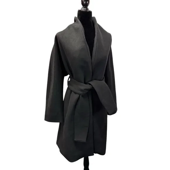Reformation Black Belted Coat Wrap Style Medium Surplus Fabric Made in USA